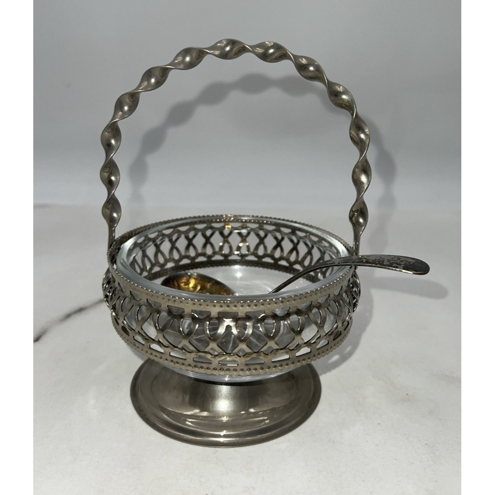 Vintage Westminster Silver Plate Crystal Basket Twisted Handle Spoon Dish Set